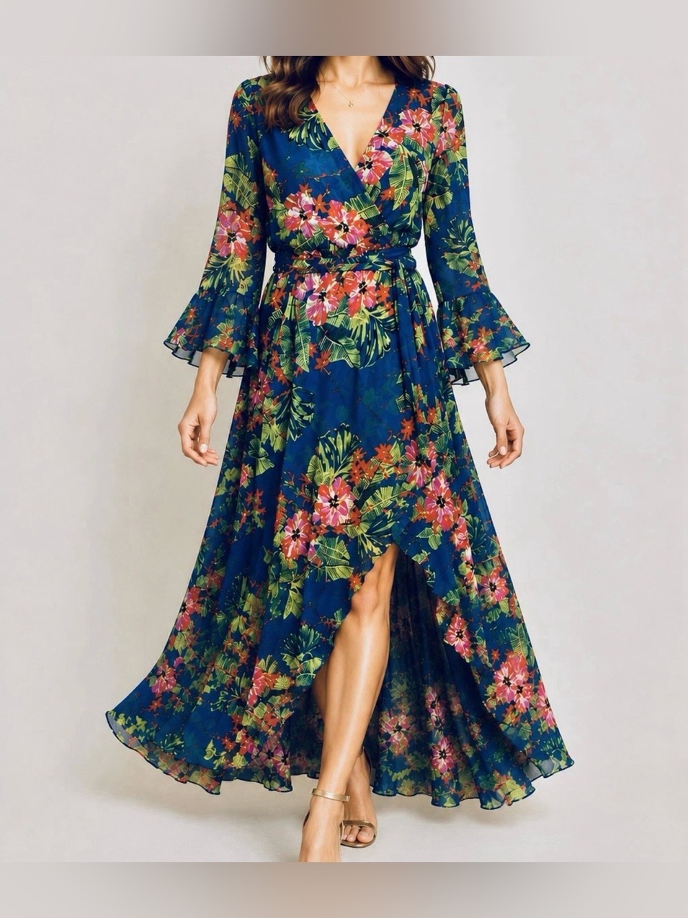 Fairy Blue Tropical Floral Faux Wrap Maxi Dress Bell Sleeves Boho Whimsy Size M
